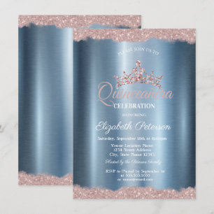 Convites Elegante Tiara Azul Metálico Quinceañera