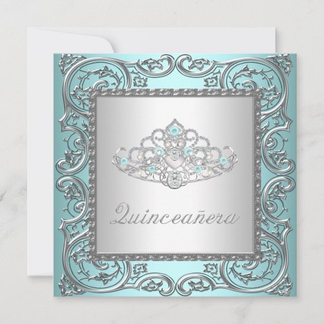 Convites Elegante Tiara Azul Turquesa Quinceanera (Frente)