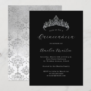 Convites Elegante Tiara de Damasco Prateado Preto Quinceane