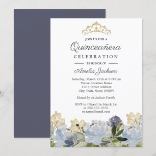 Convites Elegante Tiara de Jardim Floral Azul Quinceanera
