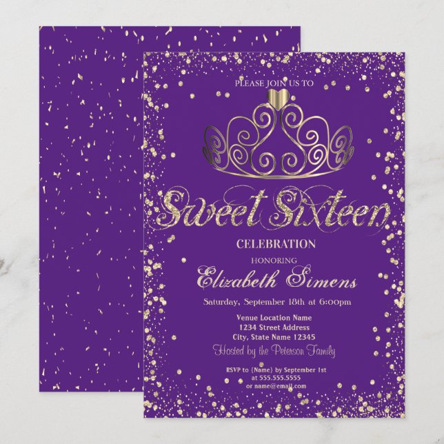 Convites Elegante Tiara de Ouro Chic Diamantes Confete Doce (Frente/Verso)