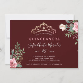 Convites Elegante tiara de princesa floral burgundy Quincea