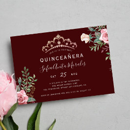 Convites Elegante tiara de princesa floral em burgundy Quin
