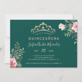 Convites Elegante tiara de princesa floral verde Quinceaner