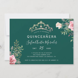 Convites Elegante tiara de princesa floral verde Quinceaner
