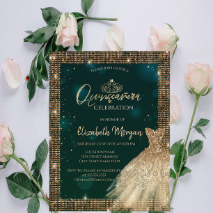 Convites Elegante Tiara de vestido verde dourado, Diamantes