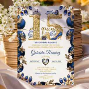 Convites Elegante Tiara Dourada Azul Real Mis Quince