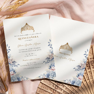 Convites Elegante Tiara Dourado rosas Azuis Quinceañera