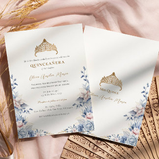 Convites Elegante Tiara Dourado rosas Azuis Quinceañera