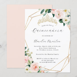 Convites Elegante Tiara Floral Rosa Geométrica Quinceanera