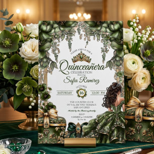 Convites Elegante Tiara Floral Verde Dourada Quinceañera