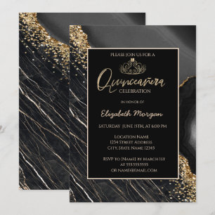 Convites Elegante Tiara Moderna Dourada, Mármore Preto