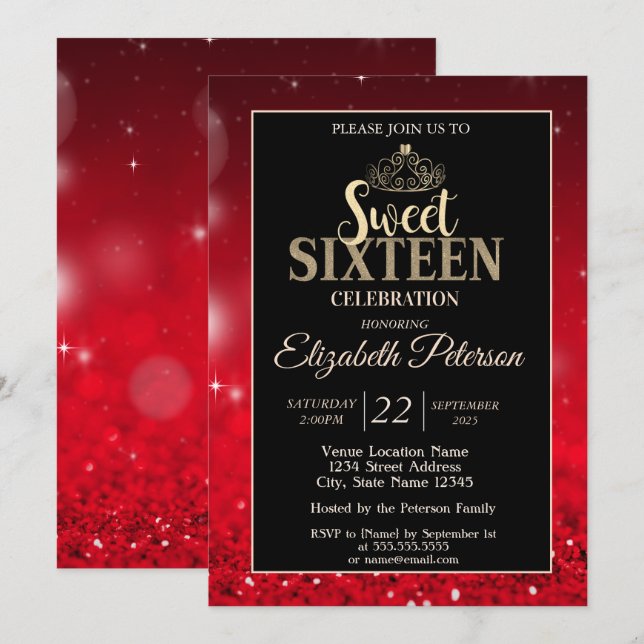 Convites Elegante Tiara, Red Glitter Bokeh Sweet 16 (Frente/Verso)