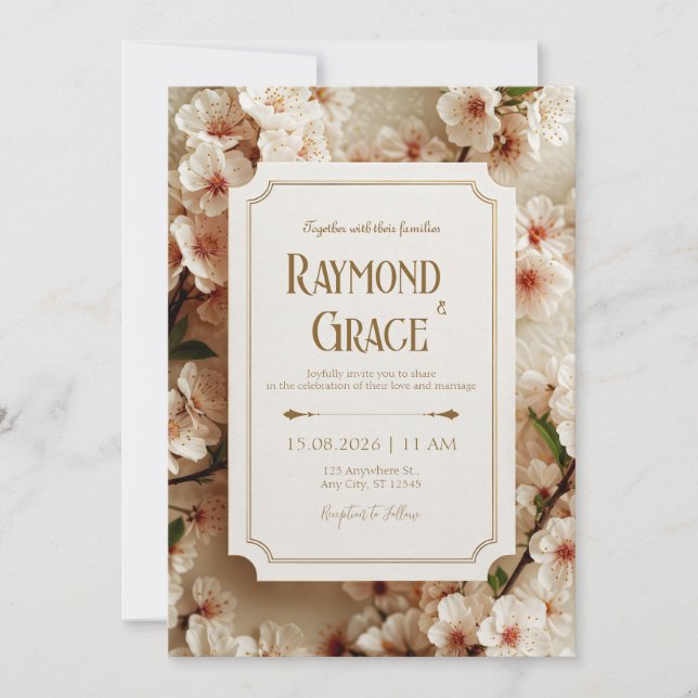 Convites Elegante Ticket de Noiva Gilded Floral Sakura Marf (Frente)
