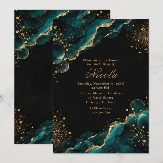 Convites Elegante Tinta Alcoólica Azul Turquesa e Dourado S (Frente/Verso)