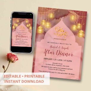 Convites Elegante Tinta Dourada Rosa e Marrom Iftar