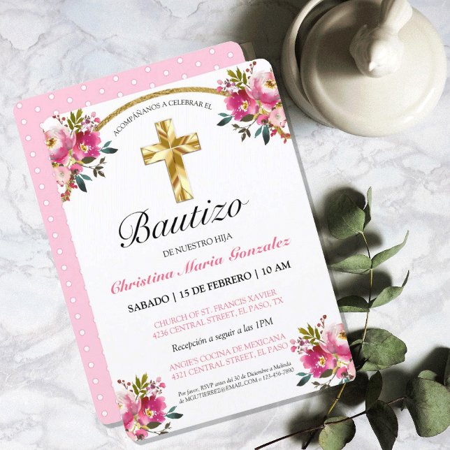 Convites Elegante Tinta Floral Bautizo Cruz De Oro (Elegante Tinta Floral Bautizo Cruz De Oro Invitation)