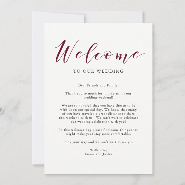 Convites Elegante Tipografia Marsala Wedding - Letra Bem-vi (Frente)