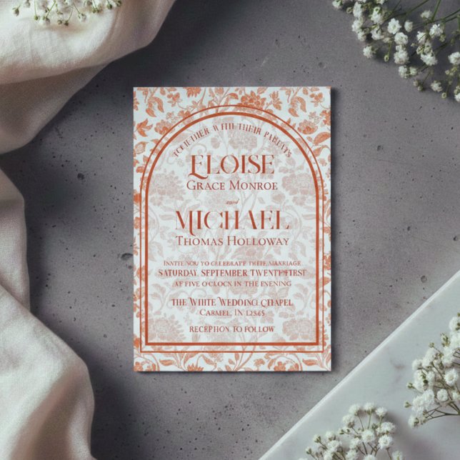 Convites Elegante Toile Floral em Tom Vermelho Terracota Ca (Elegant Floral Toile Script Terracotta Red Wedding Invitation)