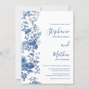 Convites Elegante Toile Floral Francês Azul para Casamento