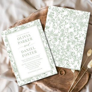 Convites Elegante Toile Floral Francês Verde Sage