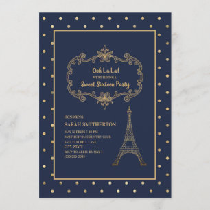 Convites Elegante Torre Eiffel Azul Marinho Dourada Sweet 1