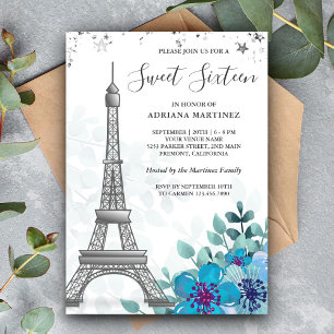 Convites Elegante Torre Eiffel Floral Azul Sweet Sixteen