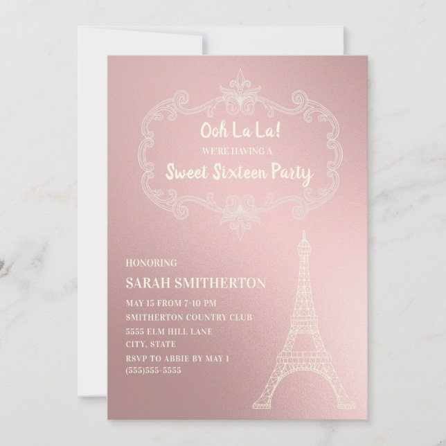 Convites Elegante Torre Eiffel Rosa Creme Branco Sweet 16 (Frente)