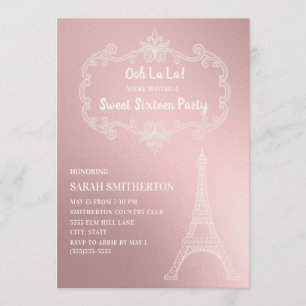 Convites Elegante Torre Eiffel Rosa Creme Branco Sweet 16