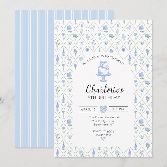 Convites Elegante Treliça Floral Azul e Verde (Frente/Verso)
