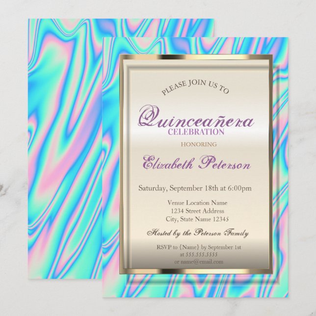 Convites Elegante Trendy Holographic Quinceañera (Frente/Verso)