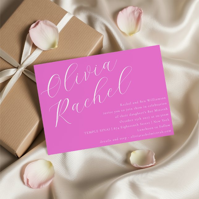 Convites Elegante Trendy Hot Pink Script Minimamente Bat Mi (Criador carregado)