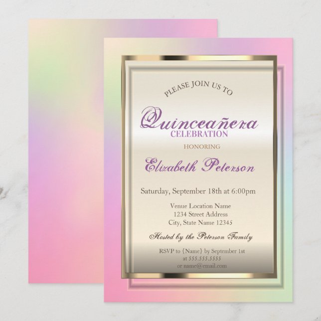 Convites Elegante Trendy Legal Holographic Quinceañera (Frente/Verso)