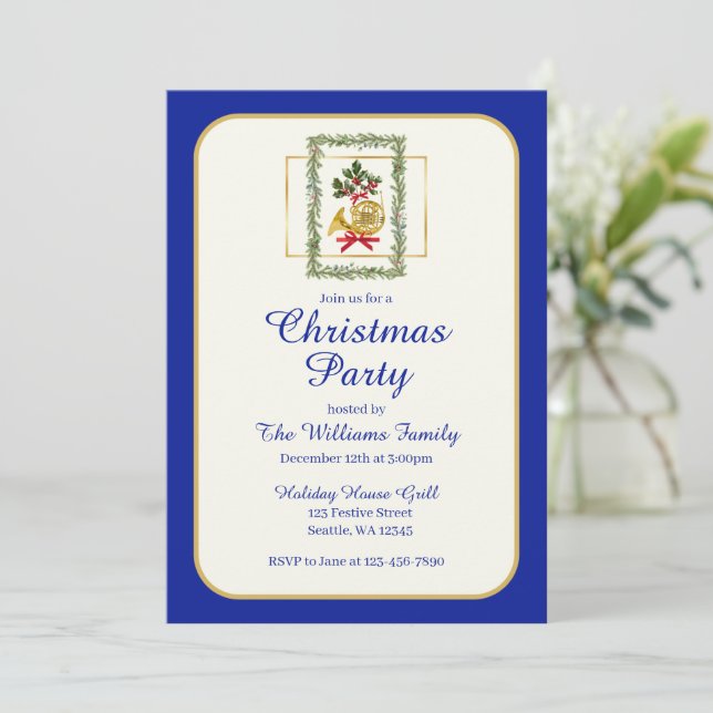 Convites Elegante Trompa Francesa Natal Azul Real (Em pé/Frente)