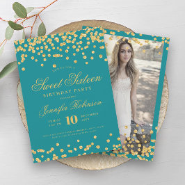 Convites Elegante Turquesa Dourada Confetti Foto Sweet 16