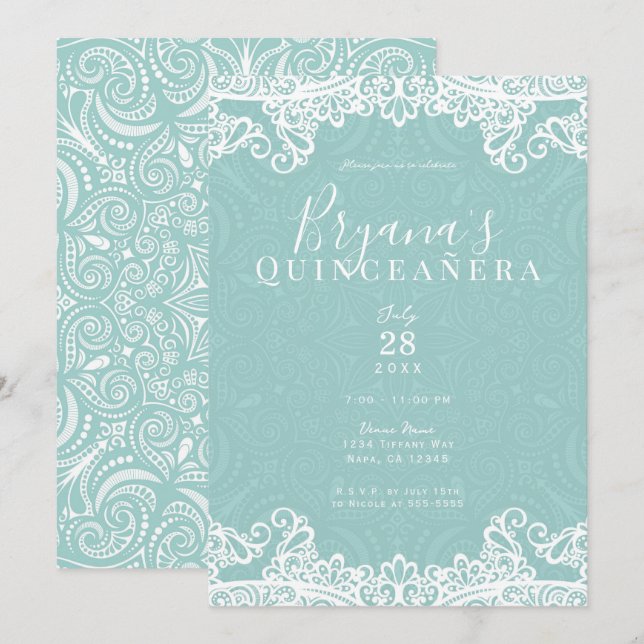 Convites Elegante Turquesa Teal e 15 de rendas Quinceañera (Frente/Verso)