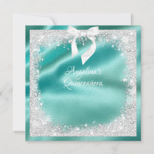 Convites Elegante Turquoise Satin, Silv Glitter, Quinceaner