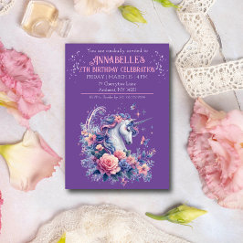 Convites Elegante Unicórnio Lindo Rosa Roxo Aniversário de 