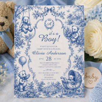 Convites Elegante Urso de Pelúcia em Toile Azul É um Menino