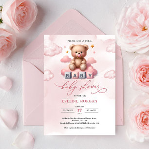 Convites Elegante urso de pelúcia rosa em aquarela com chup