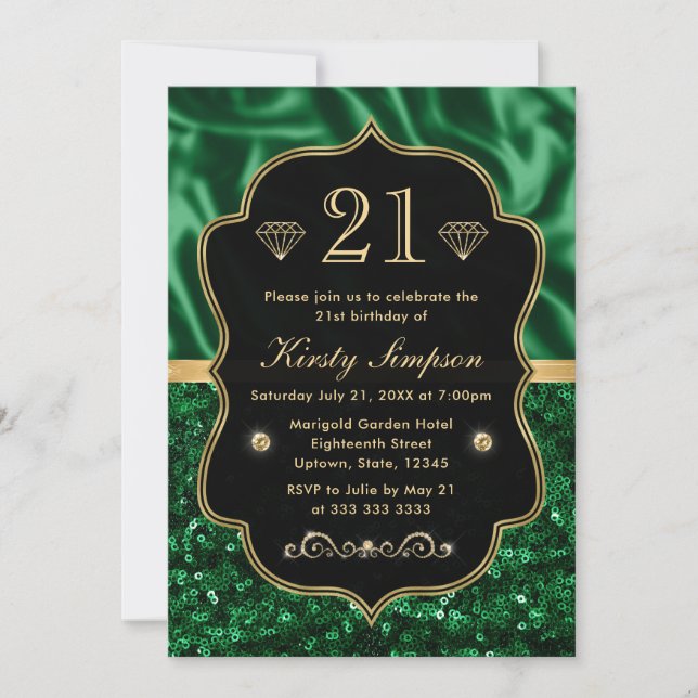 Convites Elegante Verde Cetim & Brilho Dourado Quadro Anive (Frente)
