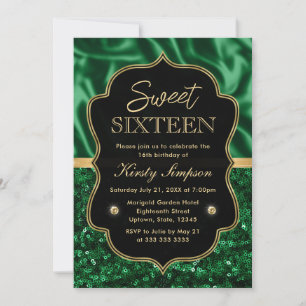 Convites Elegante Verde Cetim & Brilho Dourado Quadro Doce 