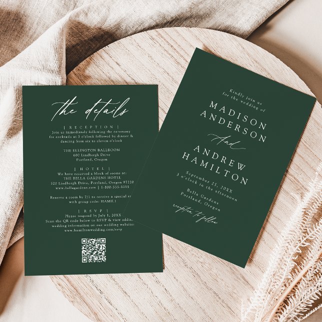Convites Elegante Verde Código QR Casamento Tudo Em Um (Criador carregado)