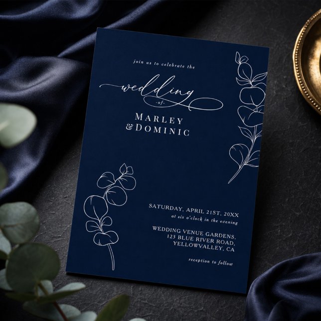 Convites Elegante Verde de Eucalipto Azul Marinho Casamento (Criador carregado)
