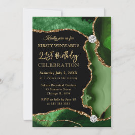 Convites Elegante Verde Dourado Brilho Ágata 21º Aniversári