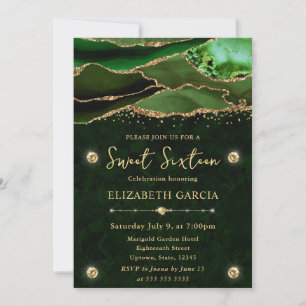 Convites Elegante Verde Dourado Brilho Ágata Doze Aniversár