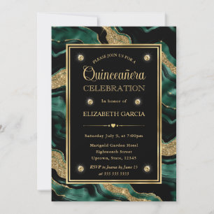 Convites Elegante Verde & Dourado Brilho Ágata Quinceanera