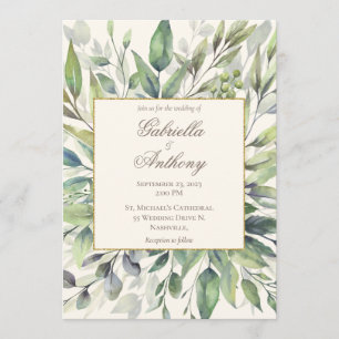 Convites Elegante Verde Dourado Deixa Casamento de Aquarela