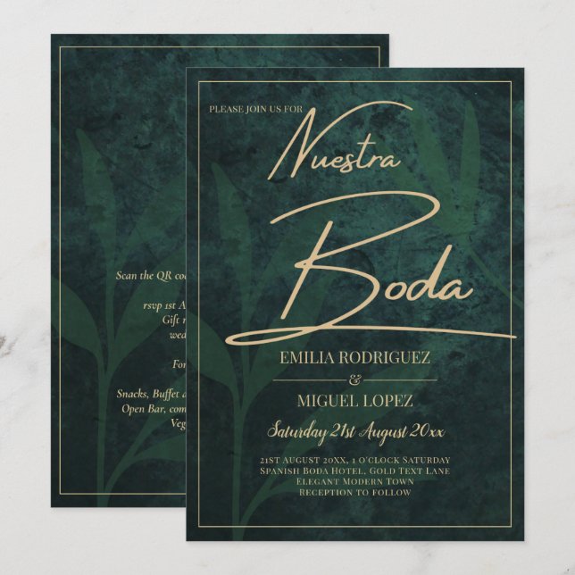 Convites Elegante Verde Dourado espanhol BODA QR Code RSVP (Frente/Verso)
