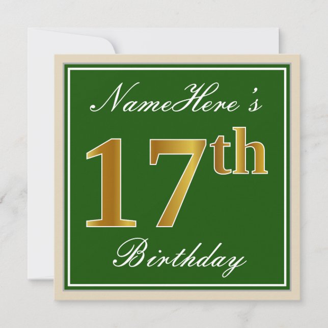 Convites Elegante, Verde, Dourado Falso Aniversário de 17 a (Frente)